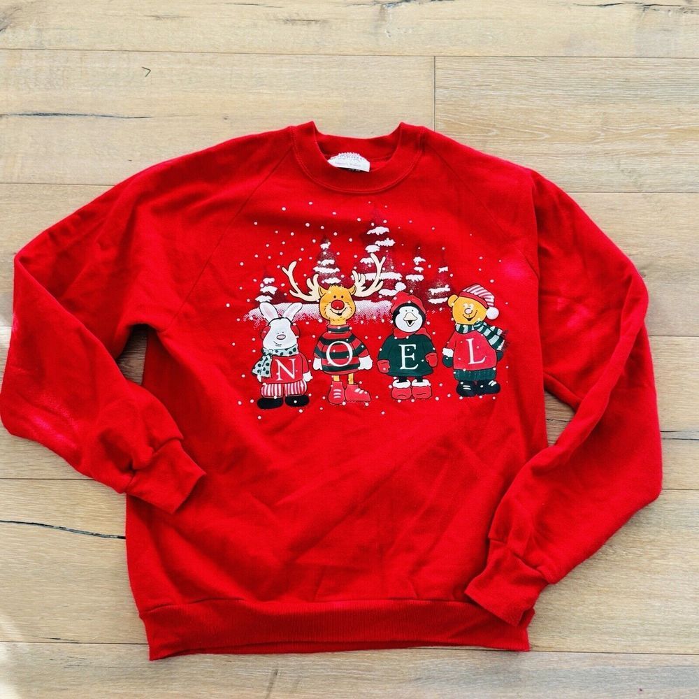 Vtg Gildan Sweatshirt Ugly Christmas 3d Google Eyes Noel Animals‎ USA Womens L